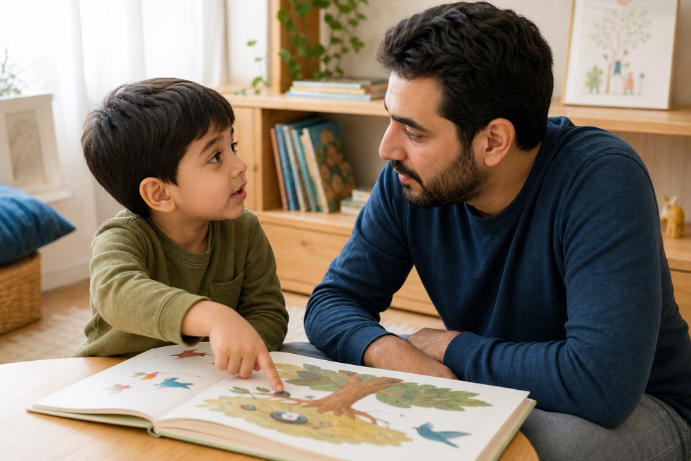 کودک در حال سؤال پرسیدن از پدر هنگام تماشای کتاب تصویری