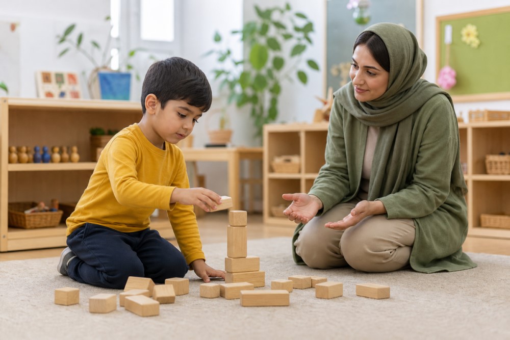 کودک در حال ساخت دوباره برج چوبی