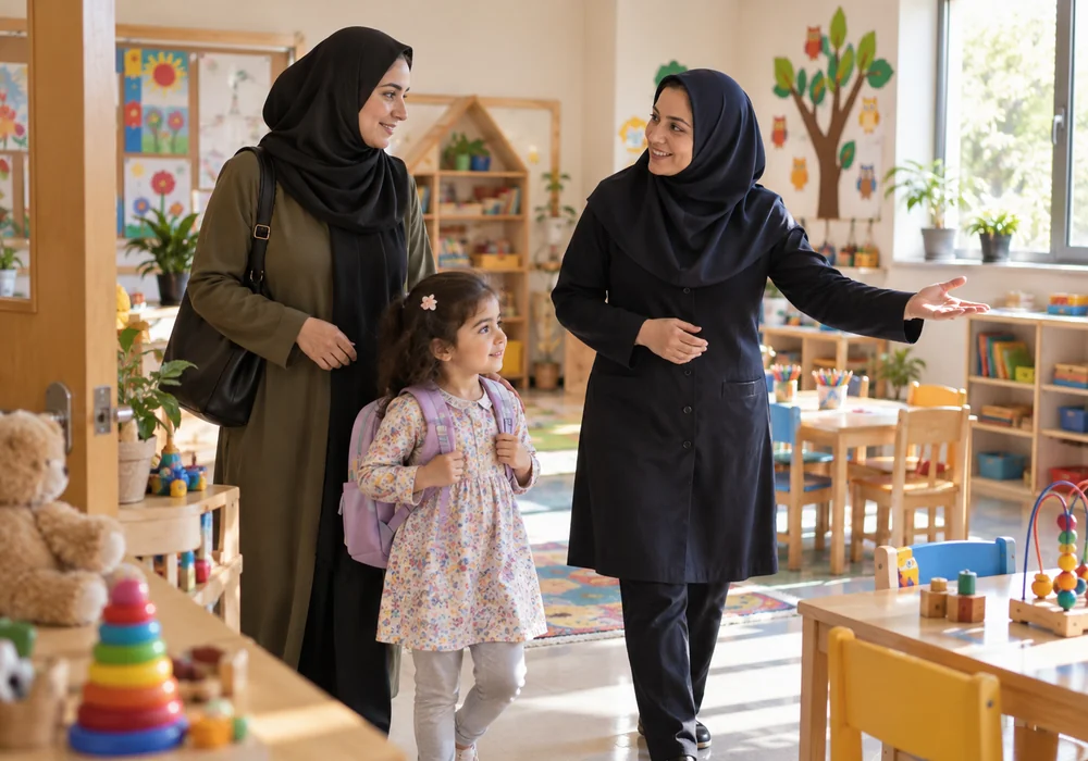 بازدید مادر و کودک از محیط مهدکودک جدید