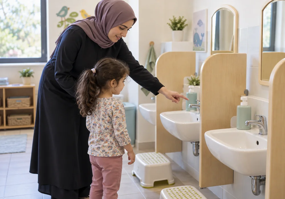 مربی در حال راهنمایی آرام کودک برای استفاده از سرویس بهداشتی