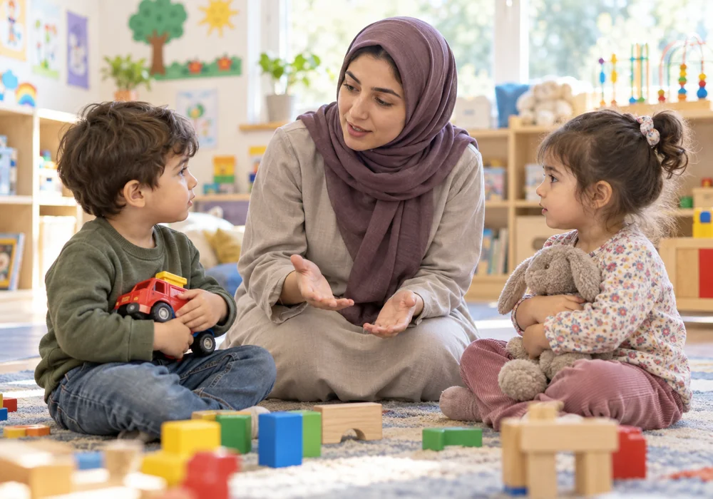 مربی در حال آرام کردن اختلاف دو کودک در مهدکودک