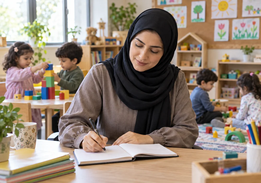 مربی در حال نوشتن گزارش روزانه کودک