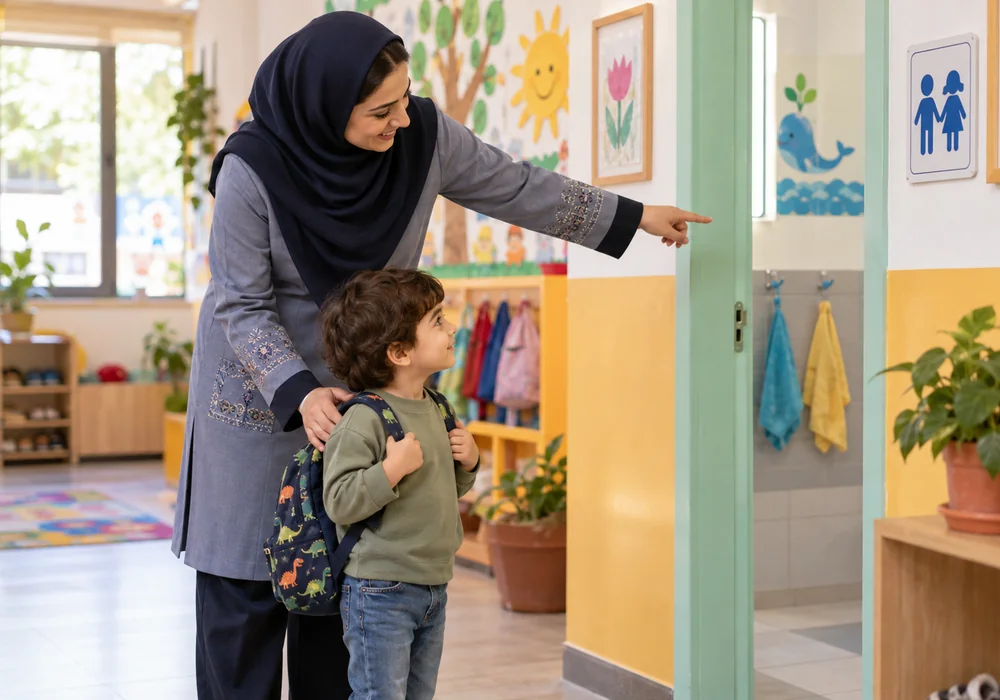 مربی همراه کودک نزدیک سرویس بهداشتی مهدکودک