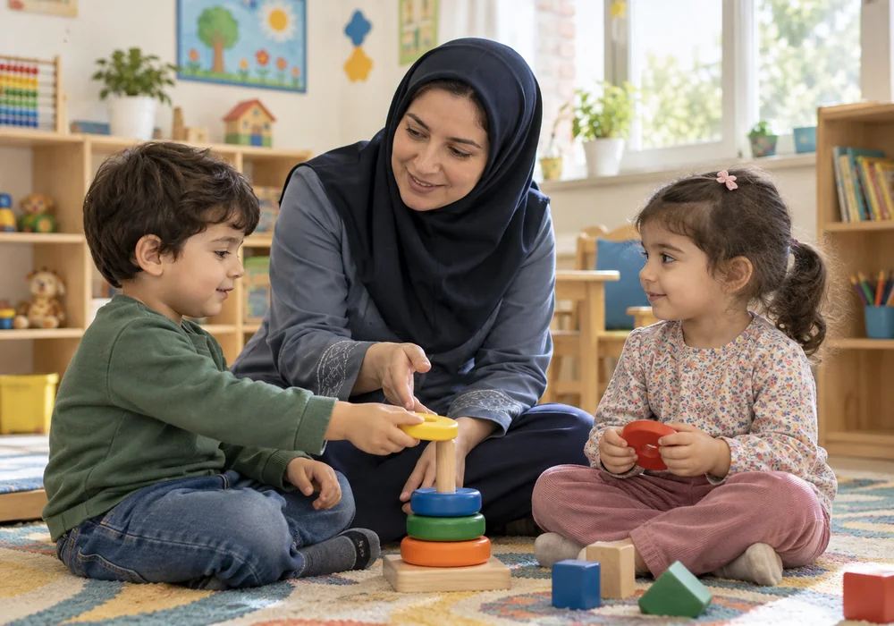 مربی در حال رسیدگی به دو کودک پس از گاز گرفتن
