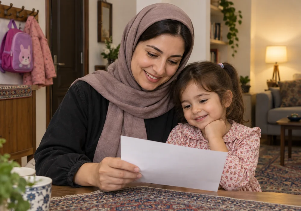 مادر و کودک در حال مرور گزارش روزانه مهدکودک
