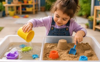 بازی با شن و آب کودک در مهدکودک برای تقویت مهارت‌های رشدی و خلاقیت